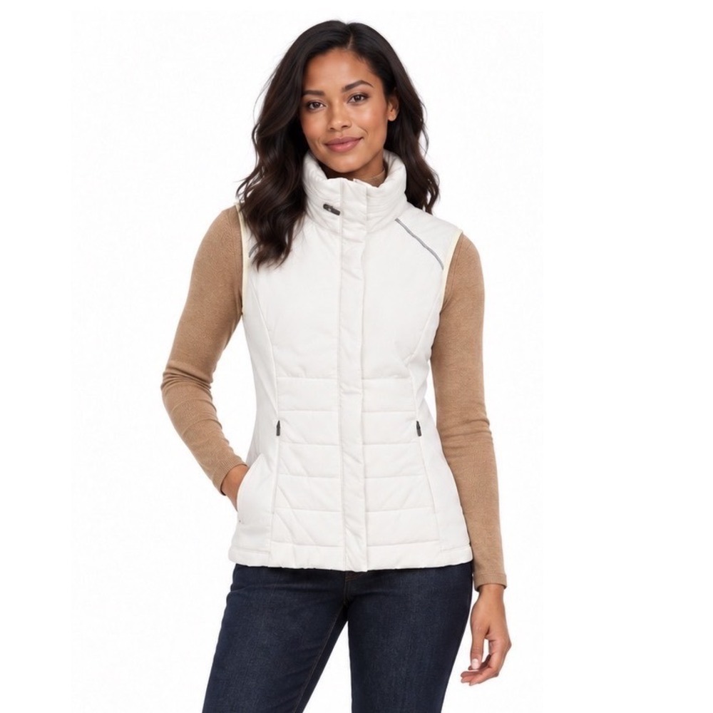 Zella White Quilted Puffer Vest Full Zip Reflective Trim Pockets S Winter 113-10